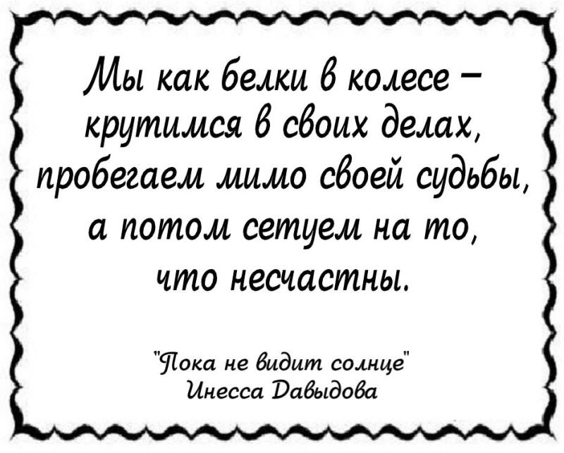 Мы как белки в колесе -  крутимся в своих делах, пробегаем мимо своей судьбы, а потом сетуем на то, что несчастны.